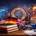 High-quality header image showing symbols of global physics research, including laboratory equipment, stacked academic books with US, Germany, and UK flags, a particle accelerator, atomic model, observatory dome, and a rocket launch at sunset, representing international Physics PhD destinations.