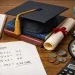 Realistic academic scene showing GPA calculation sheet, graduation cap, diploma and books representing Grade Point Average and university admission process, with ScholarLink watermark.