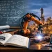 **Alt text (SEO-optimized):** Industrial Doctor of Engineering (EngD) concept image showing robotic arm, engineering blueprints, refinery background and academic formulas, ScholarLink watermark.