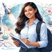 Confident international female student in a modern STEM research environment with lab equipment, robotics, coding screen, DNA model and rocket symbolizing applying for a STEM PhD.
