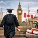Graduate student in academic gown walking toward global landmarks symbolizing direct PhD programs without a master’s in the US, UK, Canada, and Germany, with ScholarLink watermark.