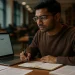 International graduate student preparing for IELTS/TOEFL for PhD application in a modern university library, studying with a laptop showing a practice test, printed exam papers, research articles, and handwritten notes — professional education hero image.