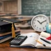GRE exam preparation concept with study materials, calculator, graduation cap, and academic books on a desk, representing the Graduate Record Examination for graduate applicants.
