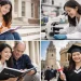 Visual representation of a PhD journey showing a young doctoral student progressing from studying and laboratory research to supervisor guidance and university graduation.