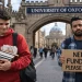 Funded vs unfunded PhD students standing at the entrance of the University of Oxford, symbolizing PhD funding opportunities, scholarships, and doctoral study in the UK.