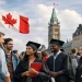 International students from diverse backgrounds at a Canadian university campus with the Canada flag and Parliament buildings, representing the Canada International Student Cap and study permit policies.