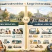 Comparison illustration showing small university vs large university campus environments, highlighting differences in class size, student community, research access, and campus scale for international students.