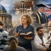 UK university hierarchy visual showing PhD student, lecturer teaching, professor mentoring researchers, and academic leadership with iconic UK university architecture.