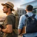 A realistic featured image showing a man during a gap year and his return to a modern university campus, symbolizing re-entering academia after time off.