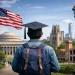 International student standing on a pathway toward iconic American university campuses, symbolizing studying in the USA, academic ambition, and higher education opportunities in top US universities.