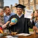 International student celebrating a fully funded government scholarship with family in front of a university, symbolizing global study opportunities and academic success