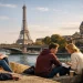 International students studying in Paris near the Eiffel Tower with French university landmarks, representing student life and studying in France for global applicants