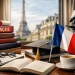 French study environment with Eiffel Tower view, books, graduation cap and French flag, representing learning French for studying in France.