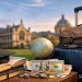 Affordable study abroad concept showing suitcase, books, graduation cap, globe and currency in front of a European university, symbolizing cheapest places to study abroad for international students