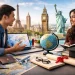 Modern international students comparing postgraduate study destinations with laptop, world map, and global landmarks, representing best countries for master’s and PhD study abroad.