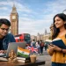 Indian students studying in the UK with iconic British landmarks, showcasing PhD opportunities, cultural connection, and international academic journey