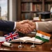 UK–India academic qualification agreement concept: professionals shaking hands in a university setting with UK and India flags, symbolizing degree recognition and educational collaboration