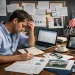 Stressed PhD applicant reviewing research papers and contacting potential supervisors in a cluttered workspace, illustrating the challenge of finding the right PhD advisor