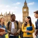 UK study destination featuring diverse international students near Big Ben and Parliament, symbolizing top universities, global education, and student life in the UK.